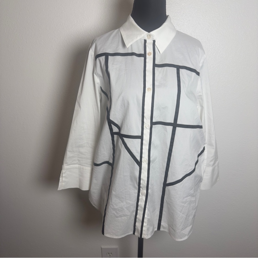 Ming Wang Contrast Grid Tunic Button Down | Minimalist Modern Art Shirt | Small